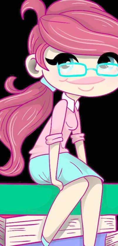 Cute cartoon girl with glasses and pastel colors on a bright background.