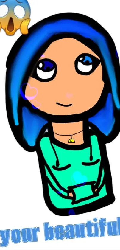 Cute cartoon girl in a blue hoodie with emoji, vibrant phone wallpaper.