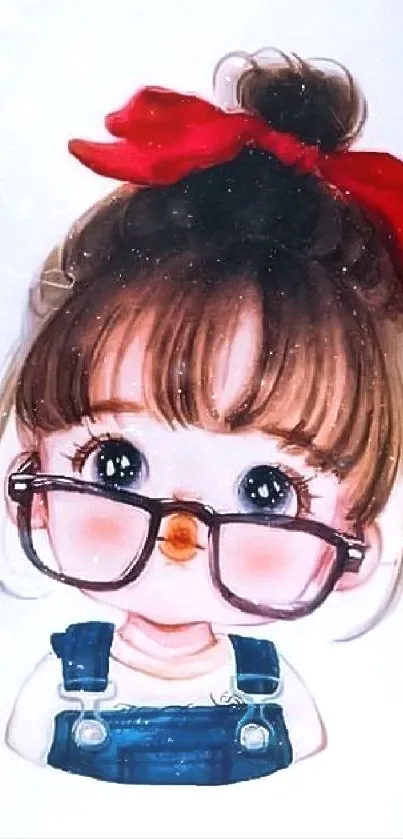 Cute cartoon girl with glasses and red bow on white background.