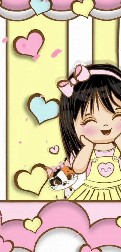 Cute cartoon girl with hearts in pastel colors.