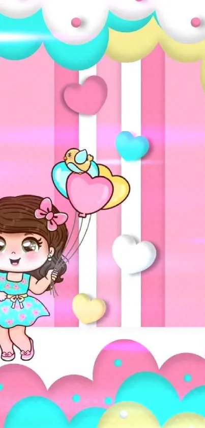 Cute cartoon girl with balloons on pink wallpaper.