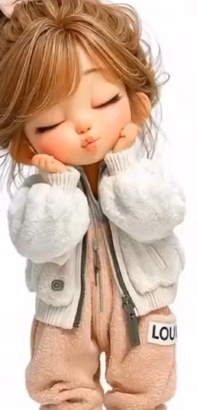 Cute cartoon girl with cozy outfit, pouting.