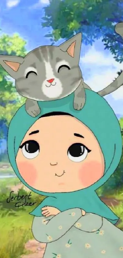 Cartoon girl with cat in lush green forest.