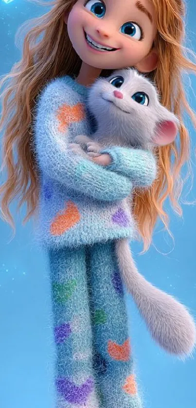 Smiling cartoon girl hugs a fluffy cat on a blue background.