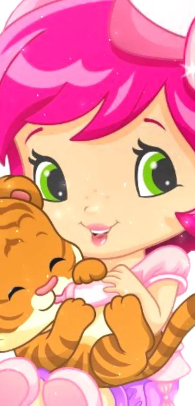 Cute cartoon girl with pink hair hugging a small tiger.