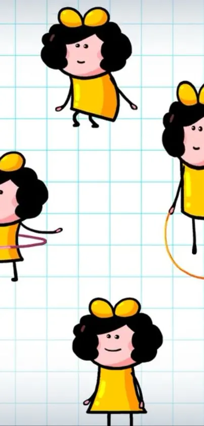 Cartoon girls in yellow dresses on a grid pattern background.