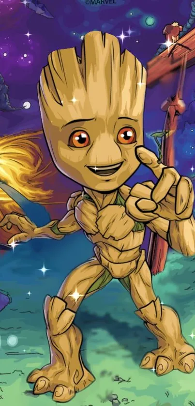 Cute cartoon Groot in a colorful galaxy setting.