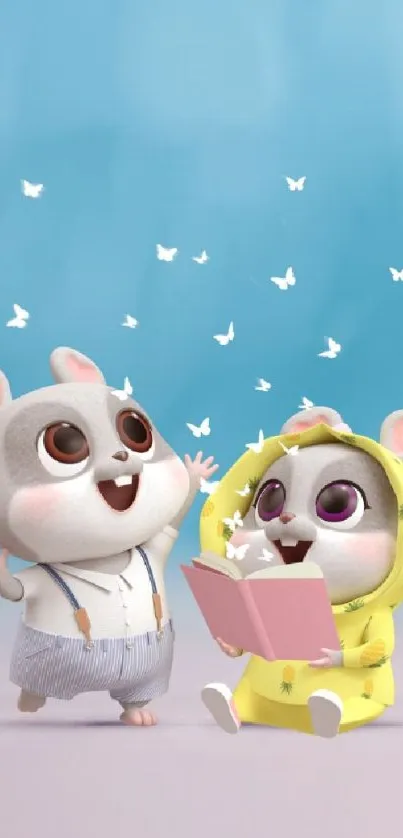 Adorable cartoon hamsters with butterflies on a light blue background.