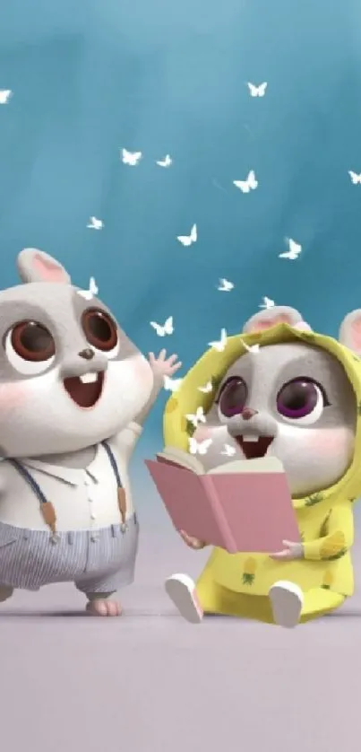 Cartoon hamsters reading with butterflies in a colorful background.