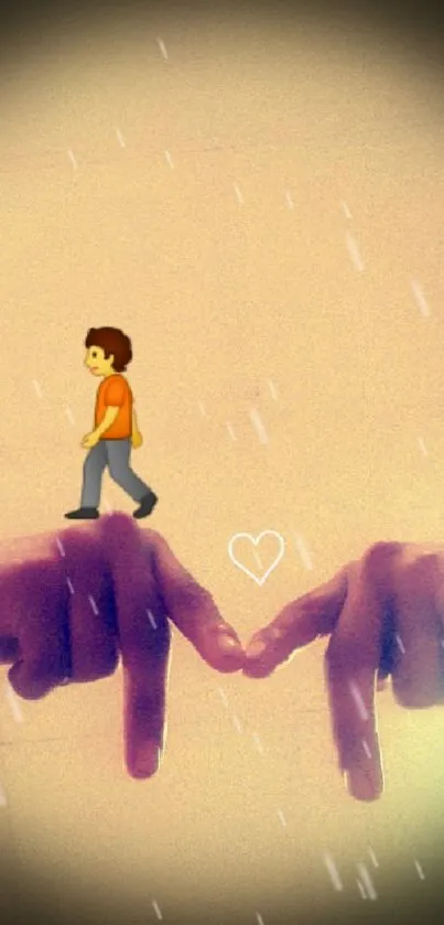 Cartoon character walking on connected hands with heart.