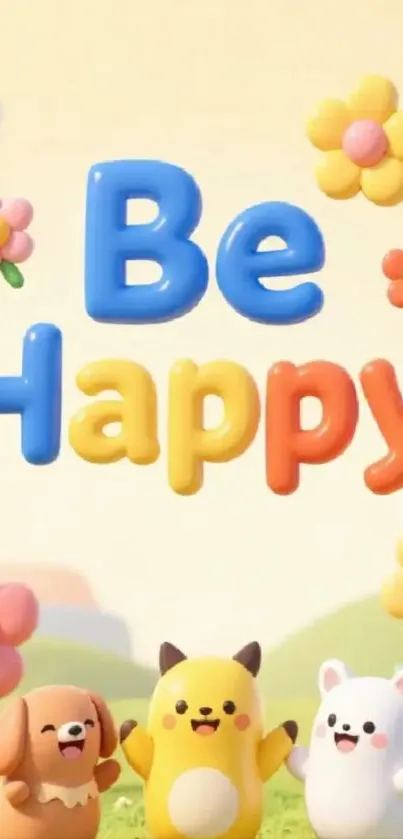 Cute cartoon wallpaper with 'Be Happy' text and colorful characters.