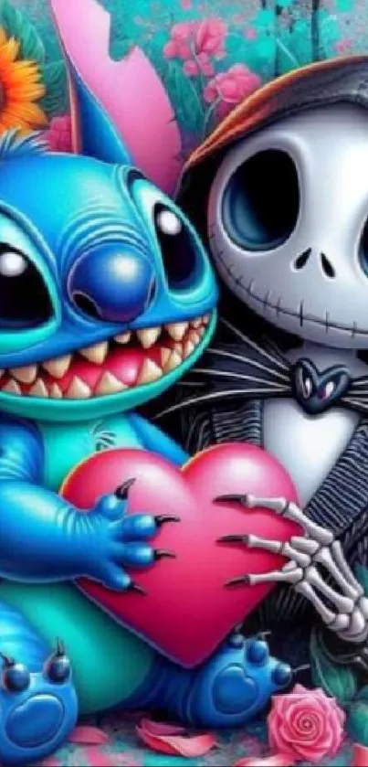 Cute cartoon characters holding a heart on colorful wallpaper.