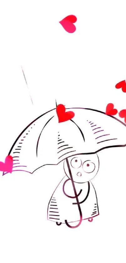 Whimsical cartoon character with umbrella and falling red hearts.