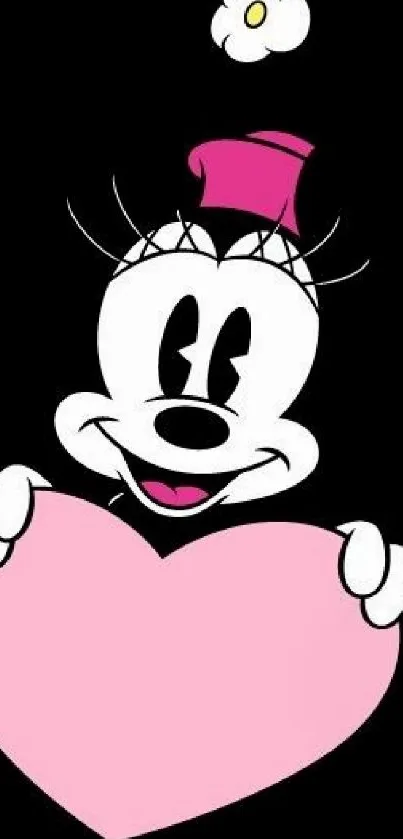 Cute cartoon character with pink heart on black background.