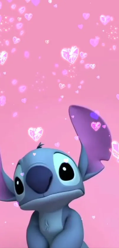 Cute blue cartoon with pink hearts on wallpaper.