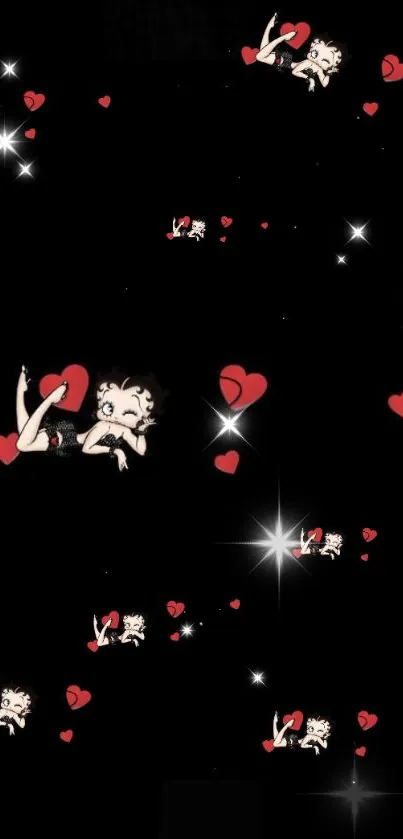 Black wallpaper with cute cartoon and red hearts.