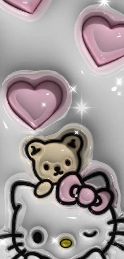 Cute cartoon character with pink hearts in glossy design.