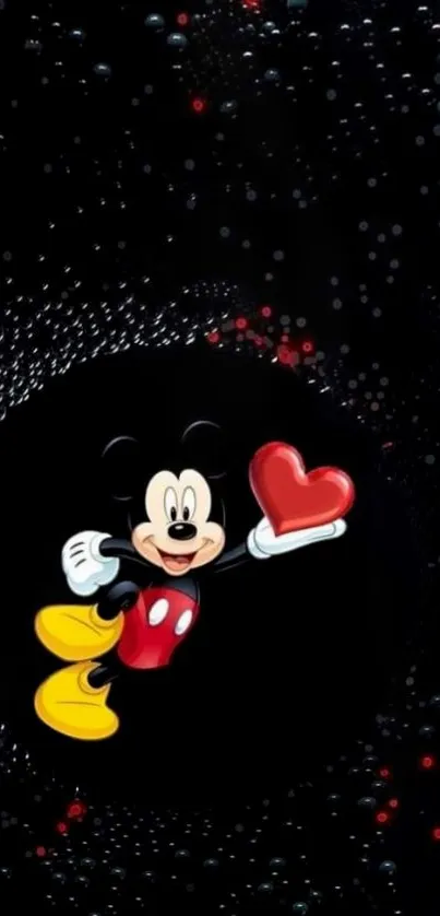 Cartoon character holding heart on cosmic black background.