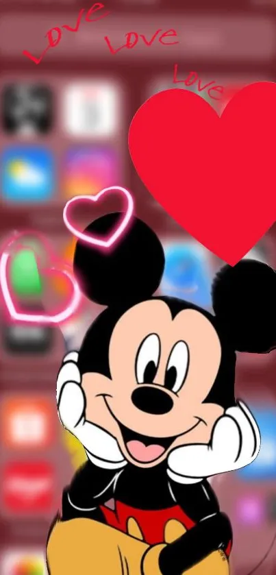 Cartoon character with heart design on a red mobile wallpaper.