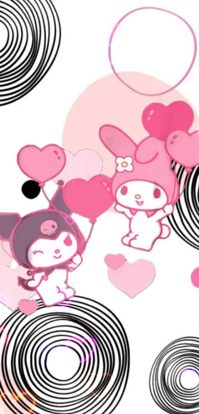 Adorable cartoon characters with pink hearts and spiral patterns on a mobile wallpaper.