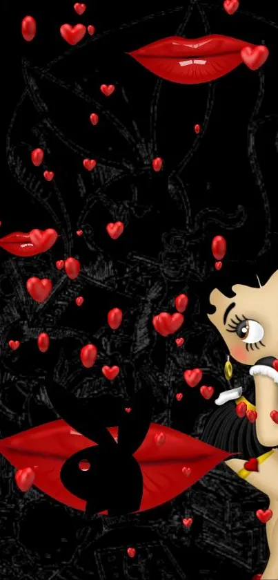 Cute cartoon character with red hearts on a black background wallpaper.