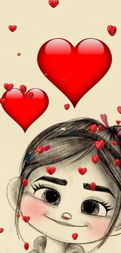 Cute cartoon girl with red hearts wallpaper.