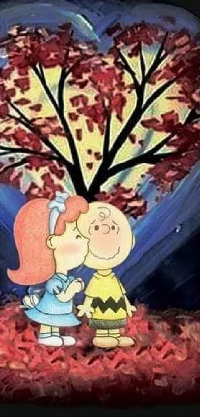 Cartoon characters and heart-shaped tree in mobile wallpaper.