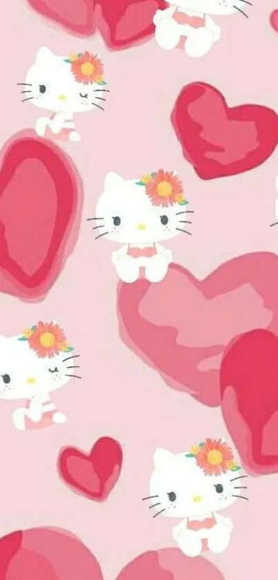 Cute cartoon characters and hearts on a pink background.