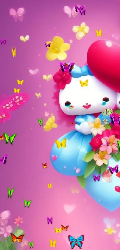 Colorful cartoon heart wallpaper with cute characters and flowers on a pink background.