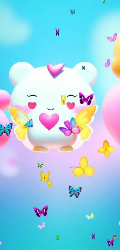 Cute cartoon character with hearts and butterflies on a vibrant background.