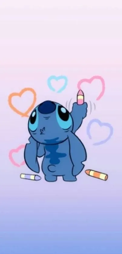 Cute blue cartoon character with colorful hearts on wallpaper.