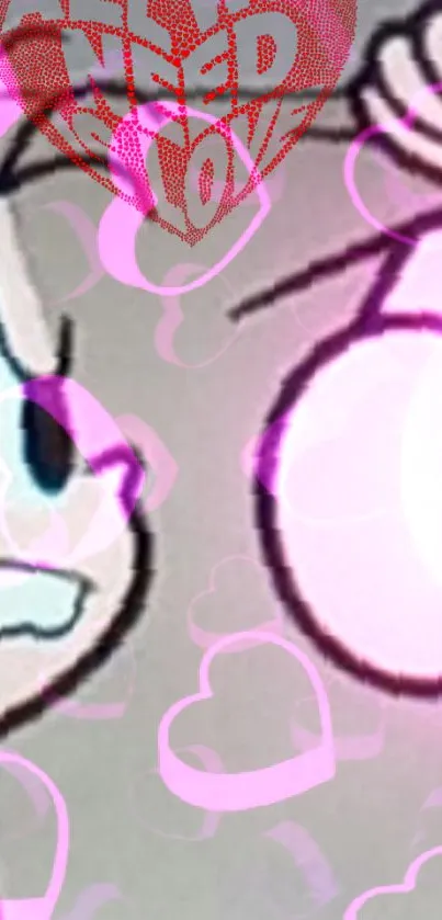 Cute cartoon wallpaper with pink hearts and characters.