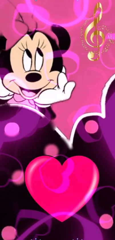 Cartoon character, pink heart, musical note on a vibrant wallpaper.