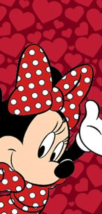 Cartoon character with polka dots and heart background on mobile wallpaper.