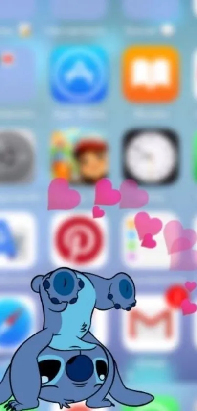 Cute cartoon character with hearts on a mobile screen.