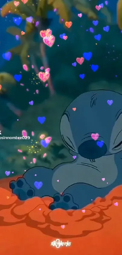 Cute cartoon character with colorful hearts.