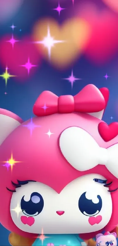 Cute cartoon character with pink hearts and vibrant background.