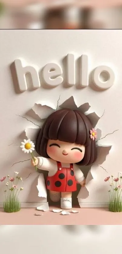 Cute cartoon character breaking wall with 'hello' text and flowers.