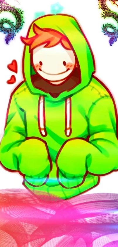 Cartoon character in green hoodie with playful background.