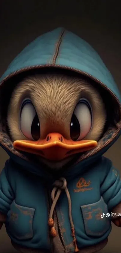 Adorable cartoon duck in a blue hoodie with large eyes.