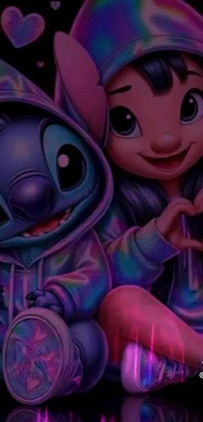 Cute cartoon duo in hoodies forming a heart symbol with vibrant colors.