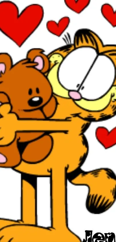 Cartoon character hugging teddy bear surrounded by hearts.