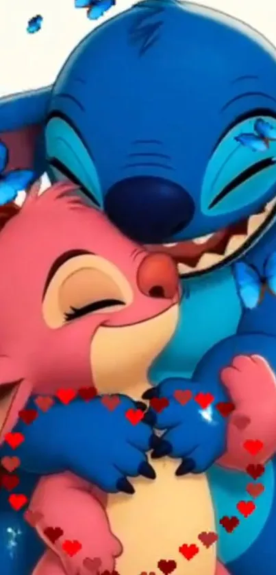 Cute cartoon characters hugging with hearts