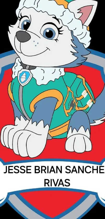 Colorful cartoon husky with red shield and green jacket.