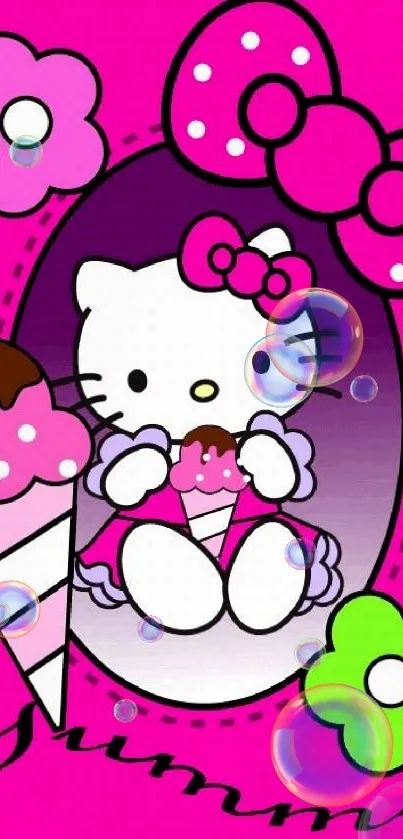 Cute cartoon kitty with ice cream in a magenta background.