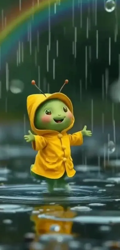 Cute cartoon character in rain with rainbow background.