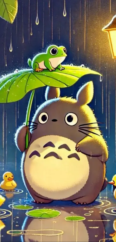 Cartoon character with ducks in rain under a leaf.
