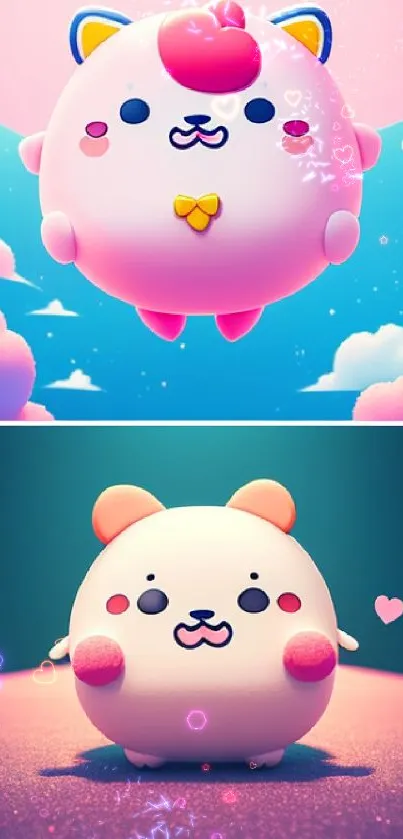 Cute kawaii cartoon wallpaper with fluffy pink character and pastel background.