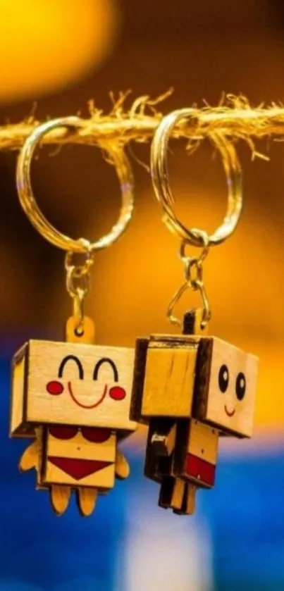 Cute wooden keychains hanging as art.