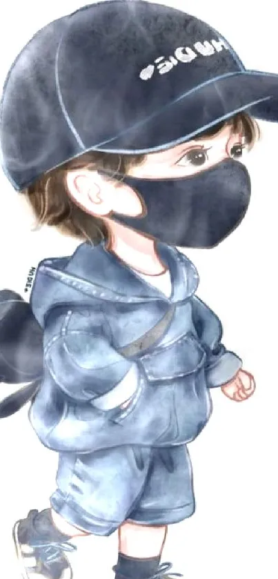 Cartoon kid in navy outfit with cap and mask illustration.